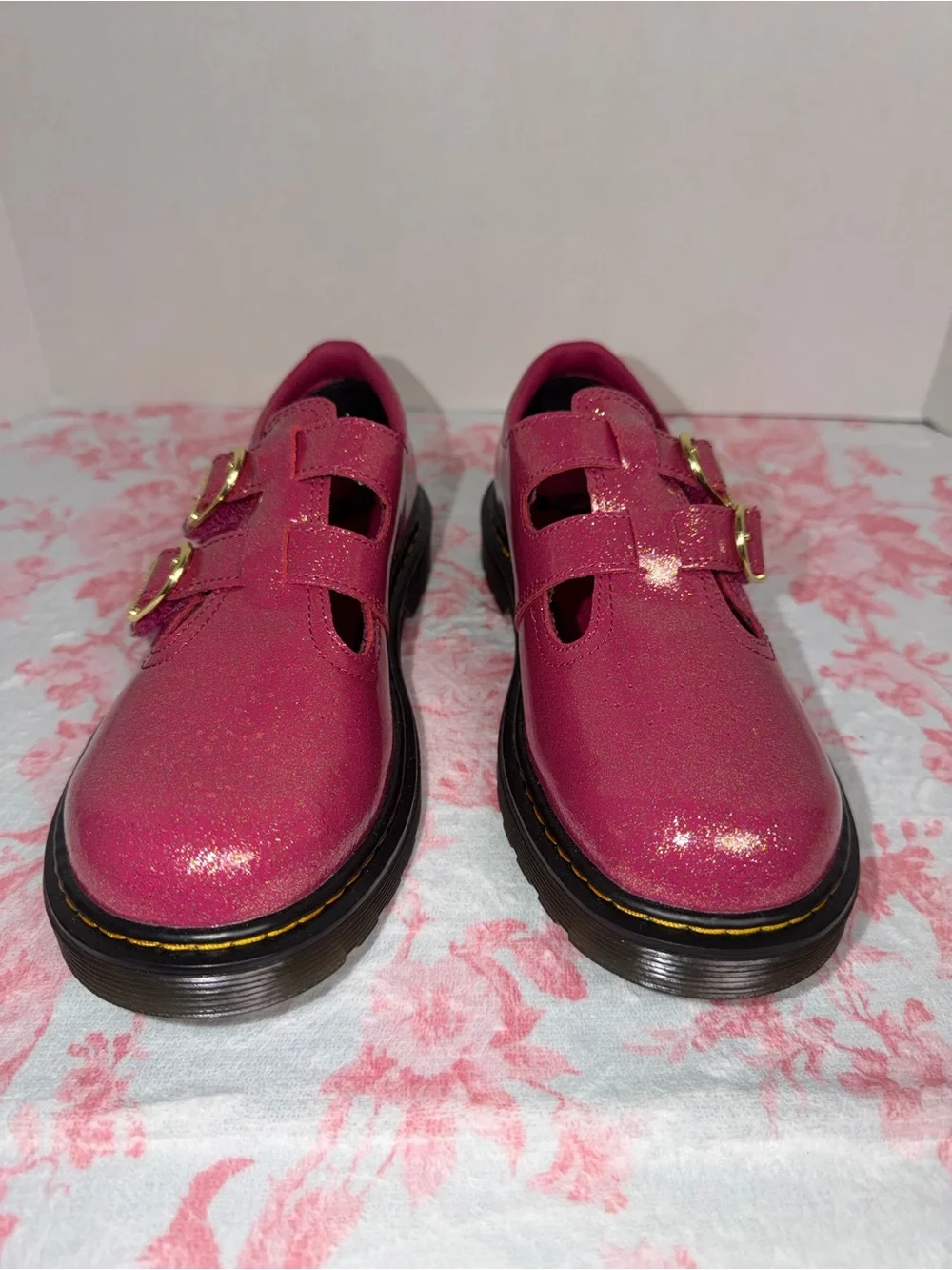 Dr. Martens Kids Glitter Mary Jane Shoes in Hot Pink